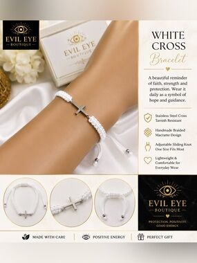 White Macrame Cross Bracelet with Stainless Steel Cross